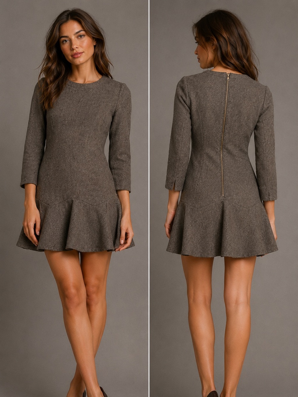 NWOT JILL by JILLSTUART Gray Brown Wool Blend Drop Waist Flounce Mini Dress